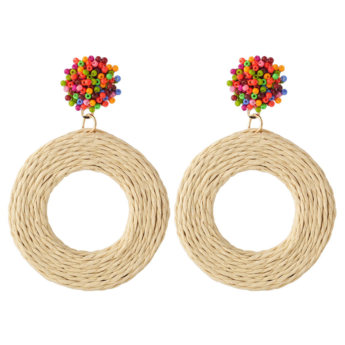 Earrings with a multicoloured beaded stud above a woven raffia hoop