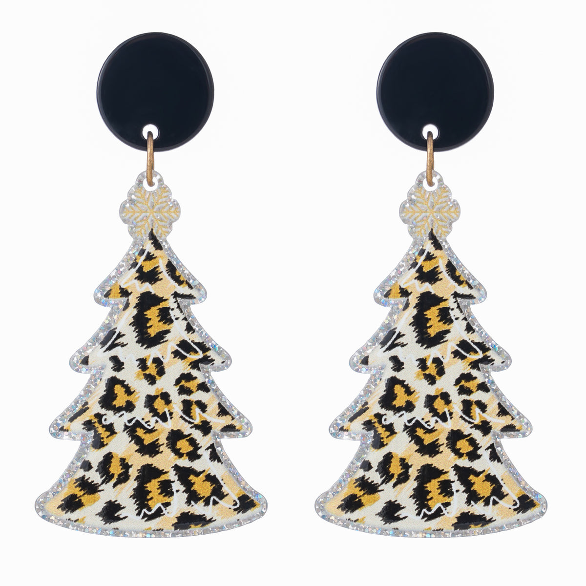 Christmas tree earrings in glitter-edged leopard print below a black disc stud
