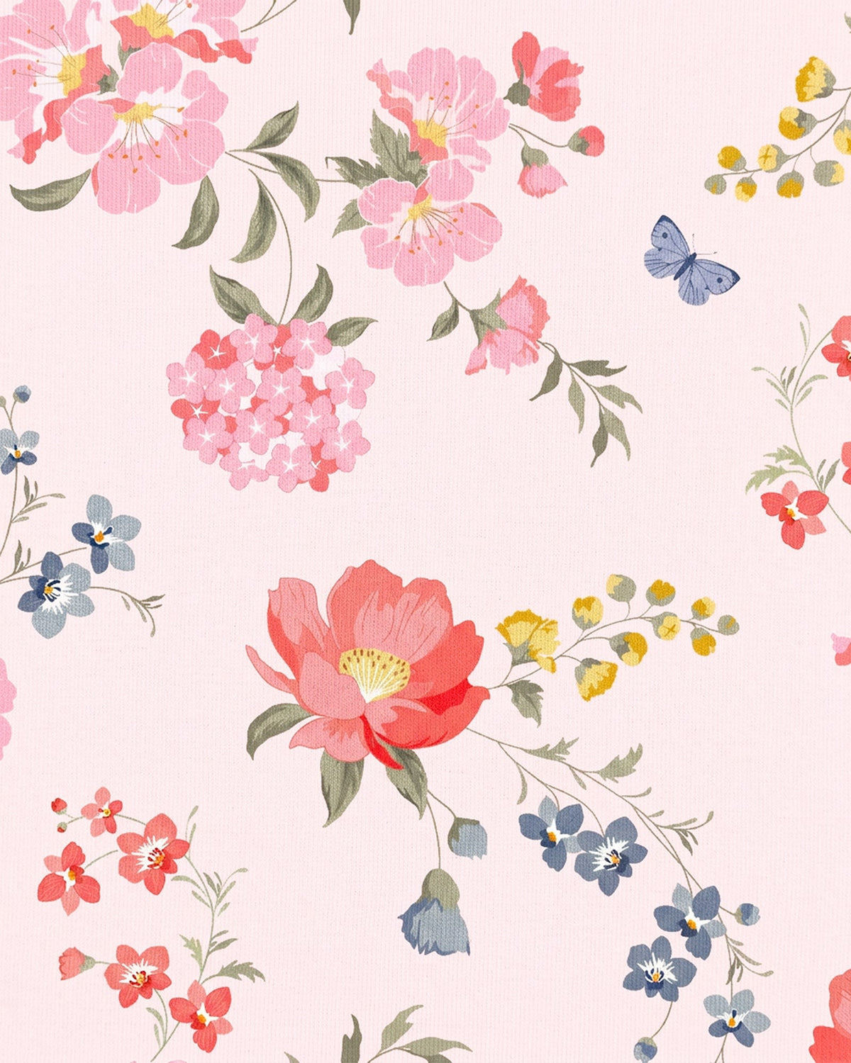 Close-up of the Wild Garden print of pink and coral florals, blue blooms and butterflies