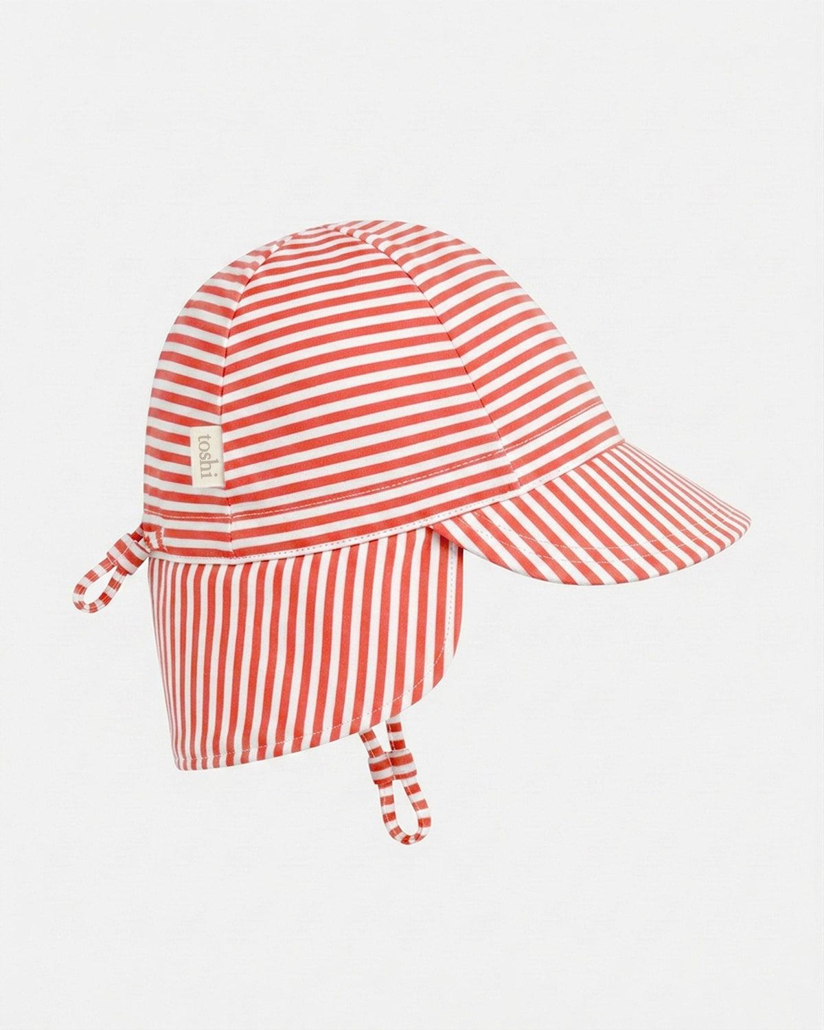 Toshi Mini Lobster flap cap in fine red and white stripes with a neck flap and chin strap
