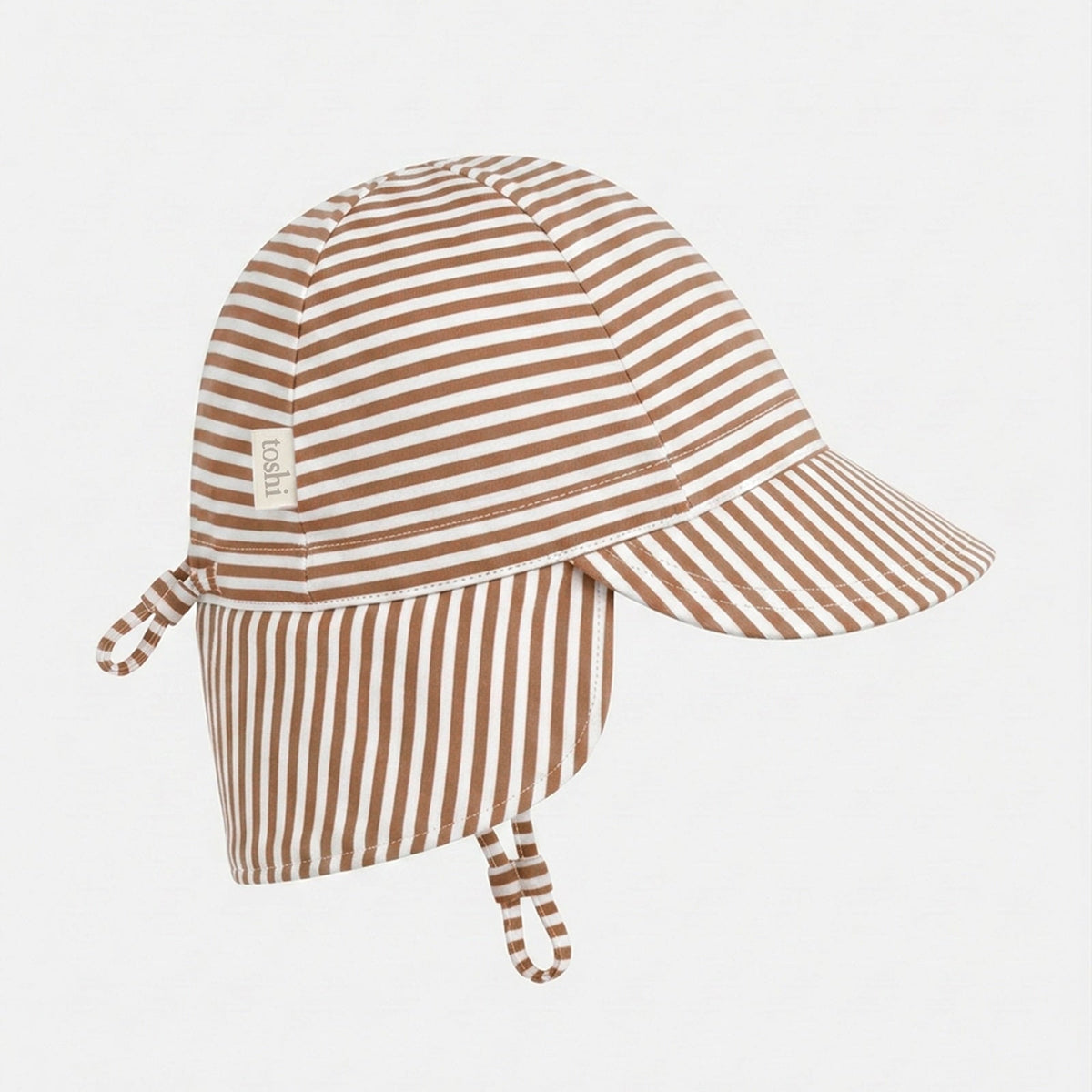 Toshi Mini Mocha flap cap in fine brown and white stripes with a neck flap and chin strap