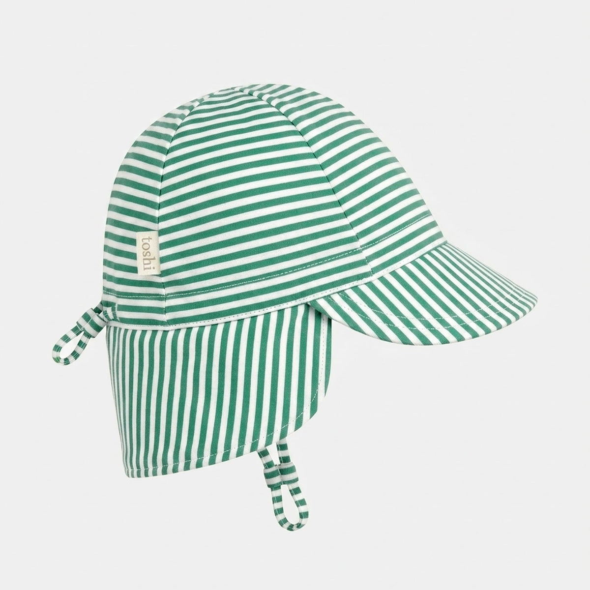 Toshi Mini Pistachio flap cap in fine green and white stripes with a neck flap and chin strap
