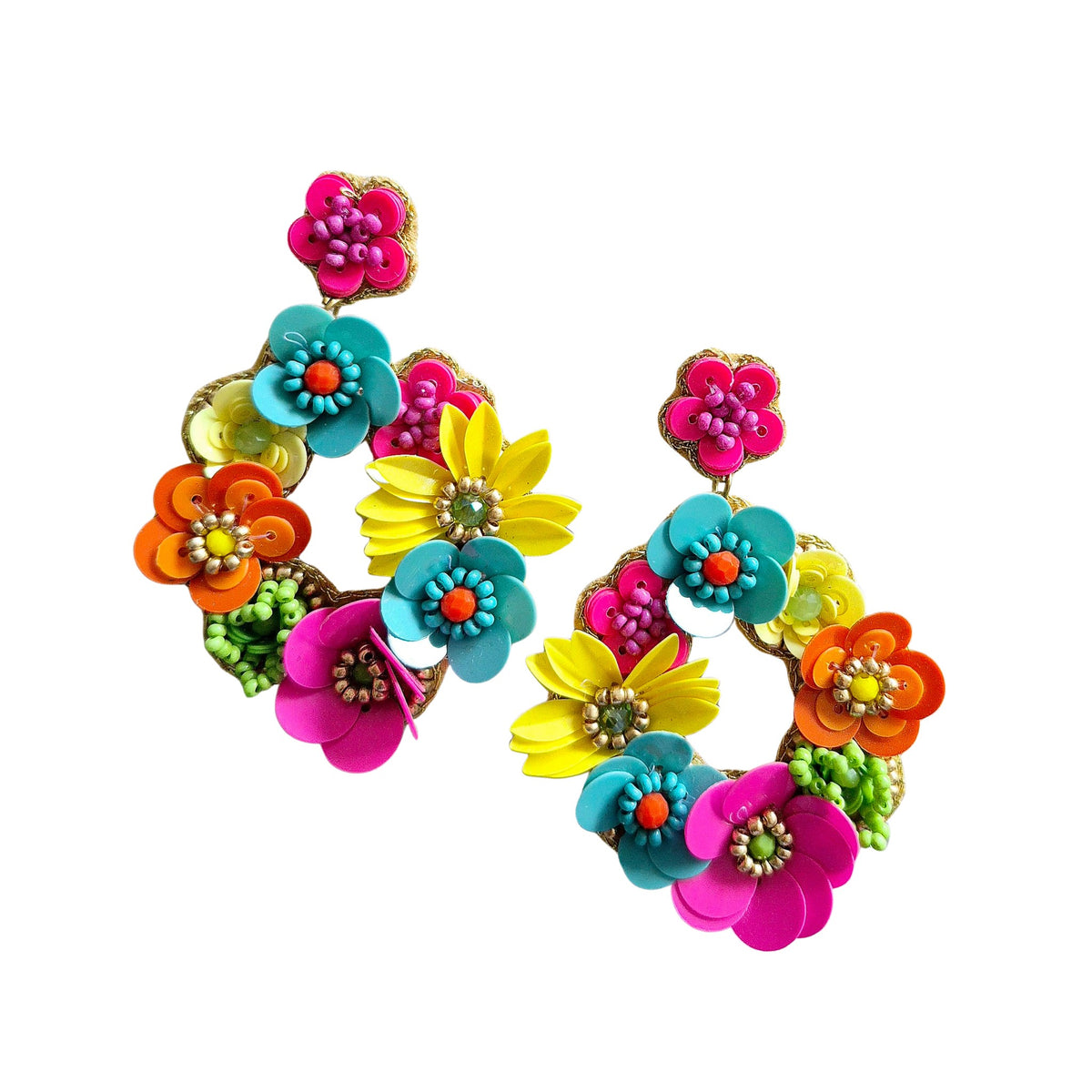 Pair of hoop earrings made of pink, aqua, orange and yellow beaded flowers, hanging from pink flower studs.