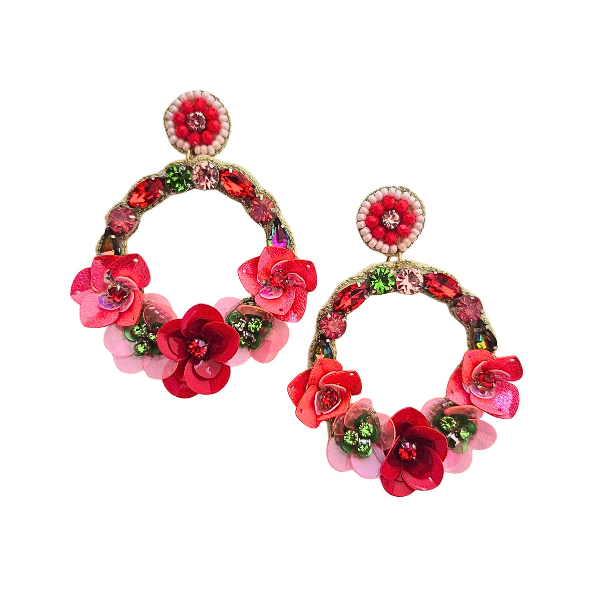 Pair of hoop earrings made of pink and red sequin flowers and sparkly stones, hanging from round pink beaded studs.