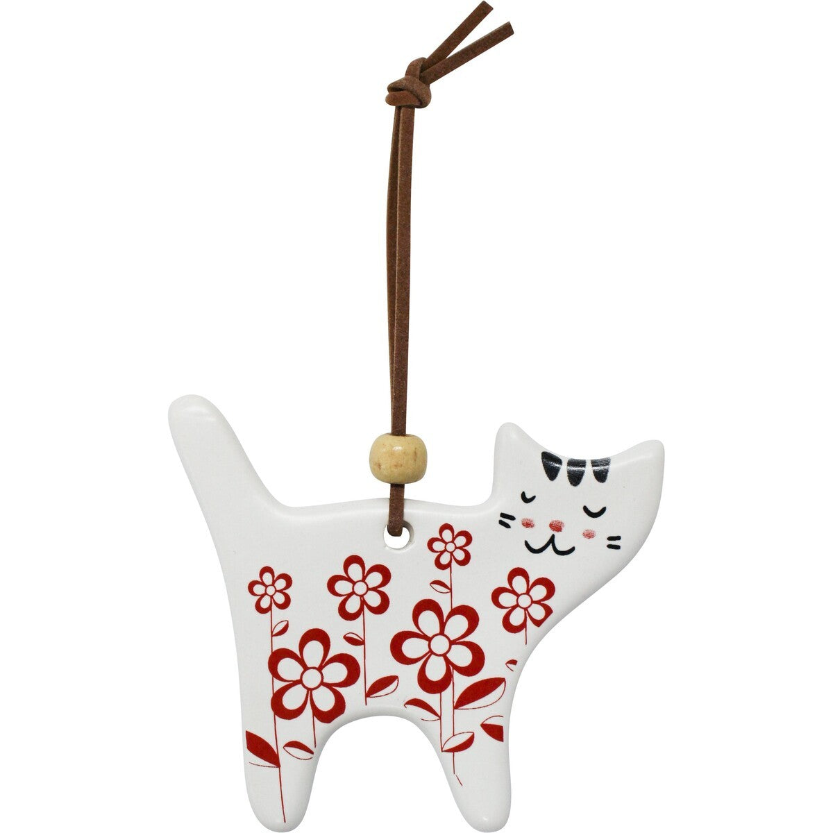 White ceramic cat gift tag with a sleeping face and red folk flowers, on a brown cord with a wooden bead