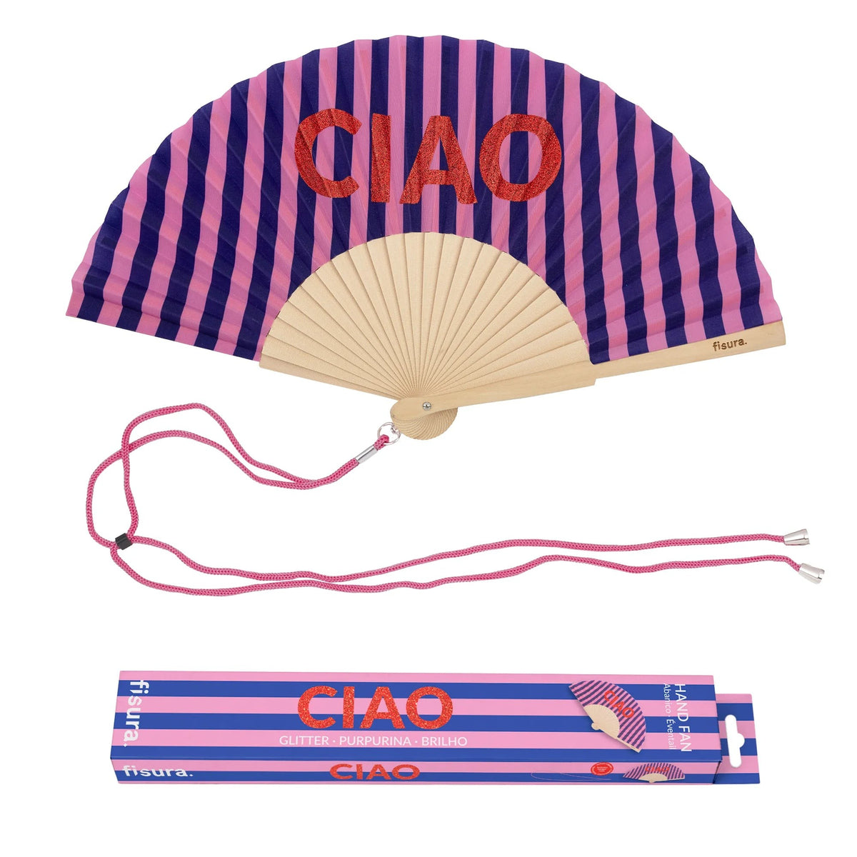 Open fan in blue and pink stripes with Ciao in red glitter, pink cord and printed gift box below