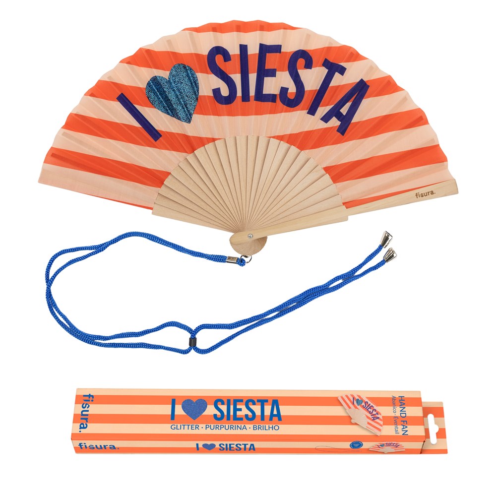Open fan in orange and cream stripes reading I love Siesta in navy with a blue glitter heart, blue cord and printed gift box below