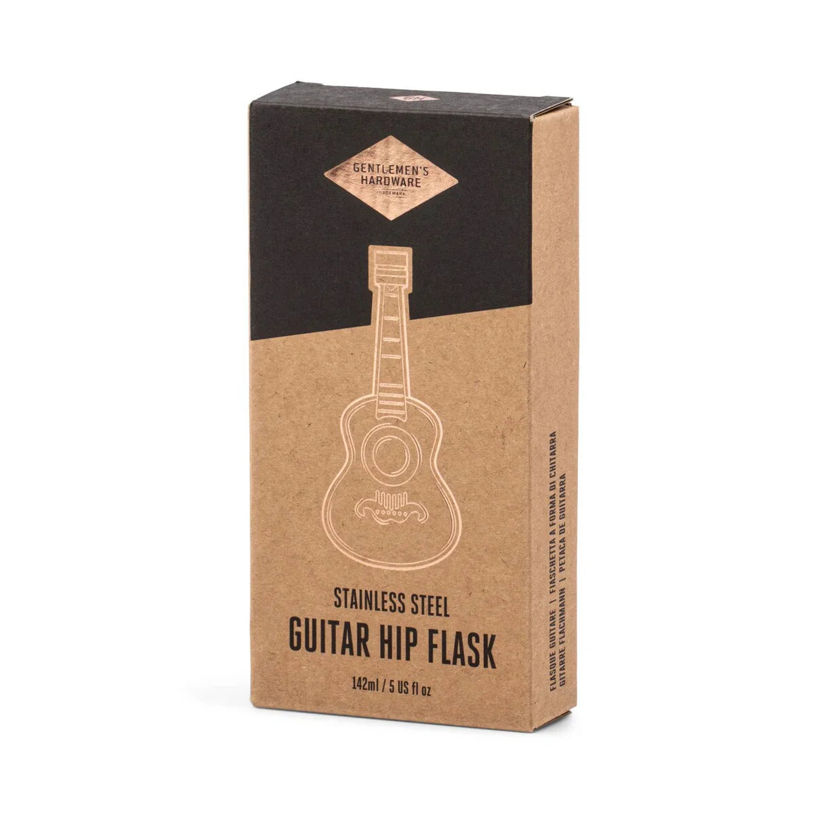 Kraft carton for the Guitar Hip Flask, printed with a line drawing of the flask.