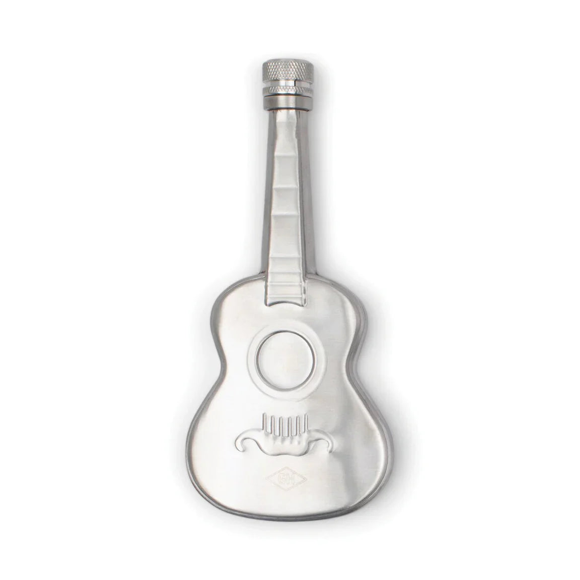 Stainless steel hip flask shaped like an acoustic guitar, with a screw cap at the neck.