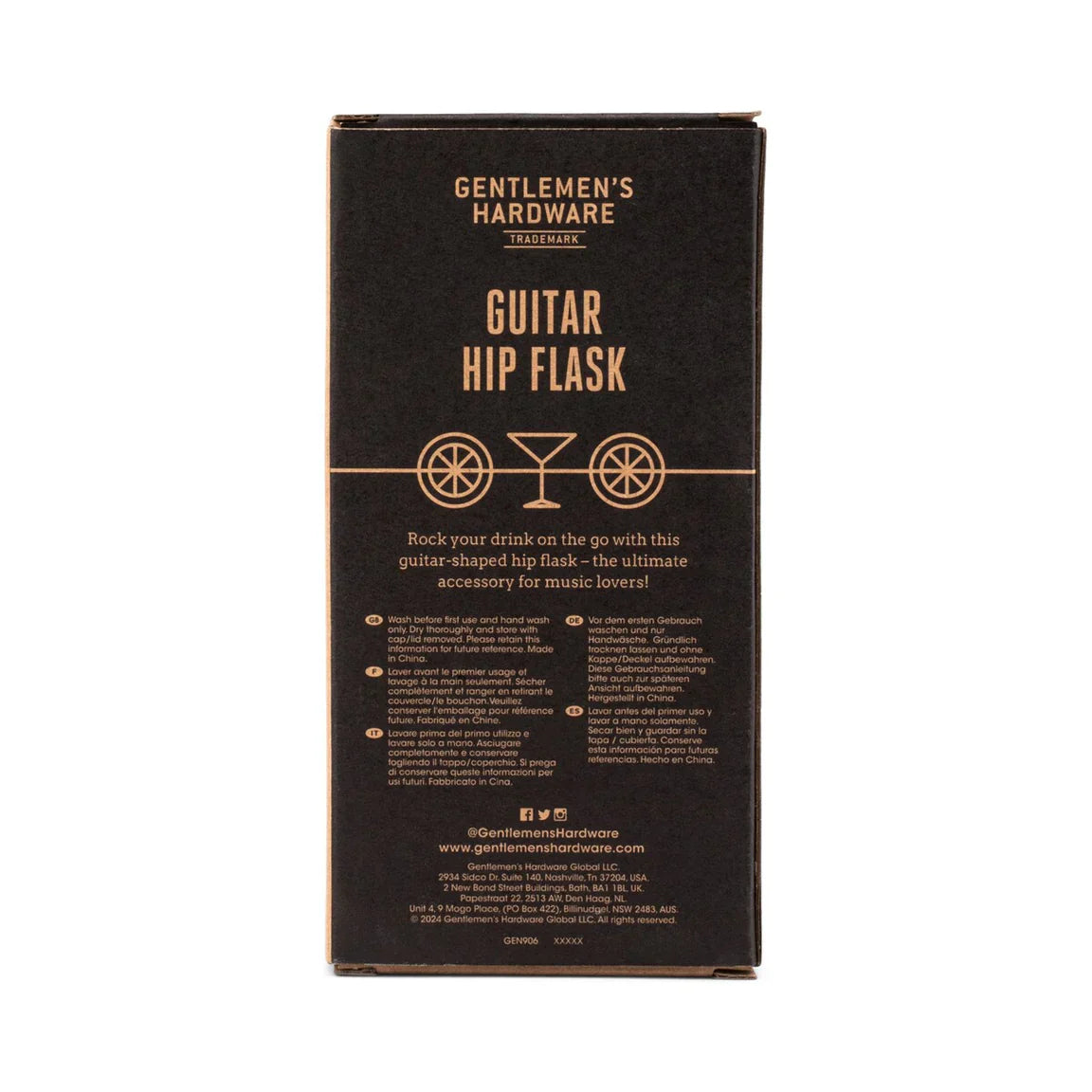 The back of the hip flask carton, printed with its product description.