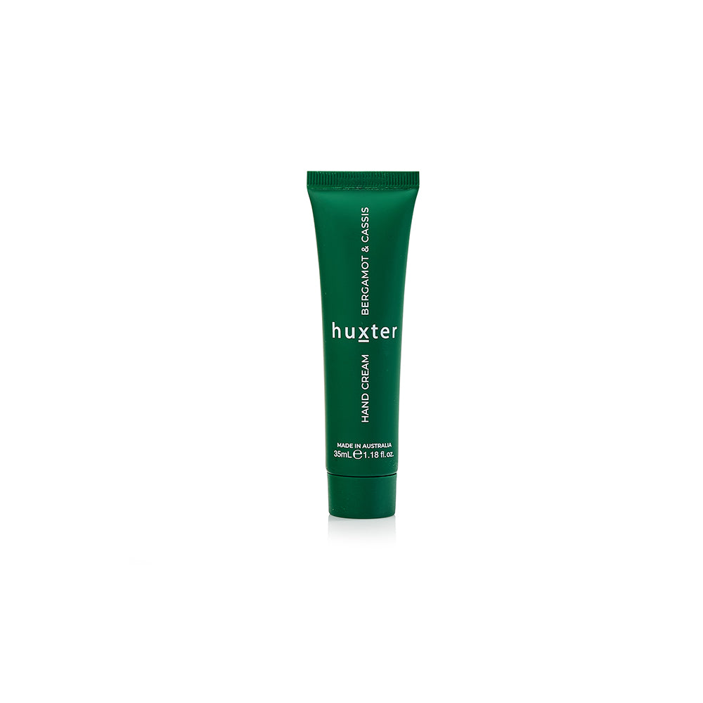Deep green 35 mL Huxter hand cream tube, Bergamot & Cassis.