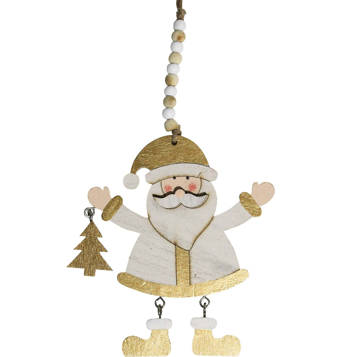 Flat Santa hanging decoration with a whitewashed body, gold hat and cuffs, pale pink mittens, a small gold tree and dangling gold boots, on a beaded cord