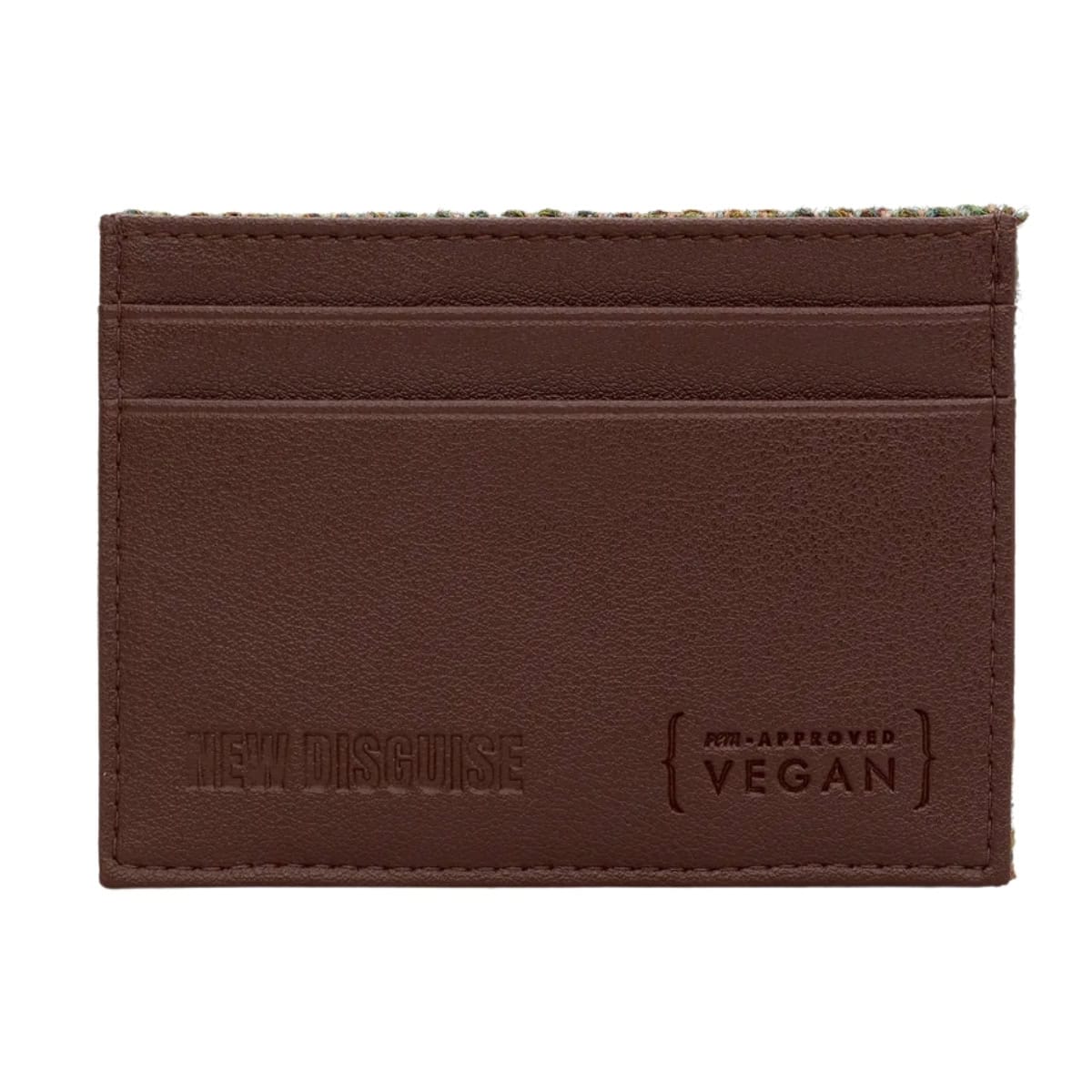 Back of the Green/Brown card holder in dark brown vegan leather, with two card slots and the New Disguise name embossed.