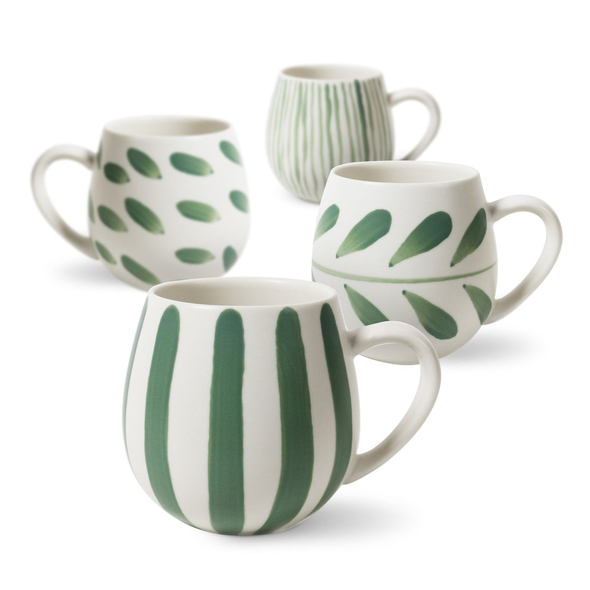 All four Olive Brush mugs on white: two leaf prints, a fine-line pattern and the bold stripe in front.