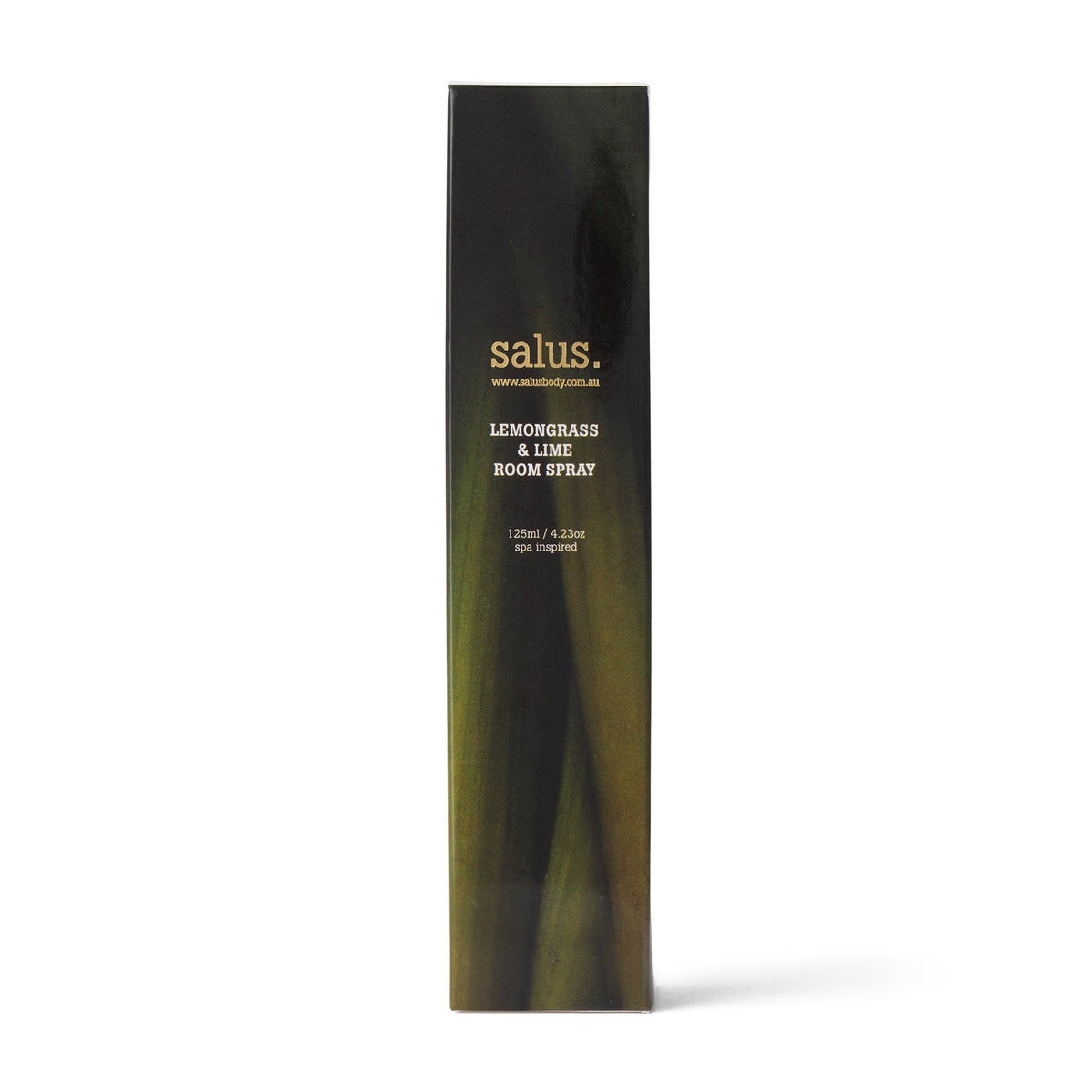The 125 ml room spray's dark carton, printed with blurred green lemongrass leaves.