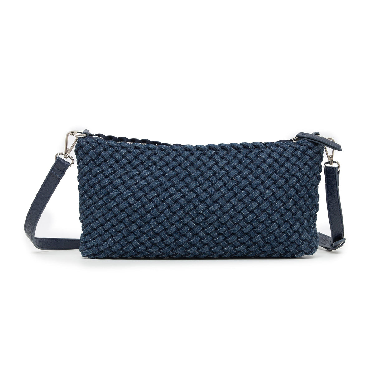 The woven bag with its long strap clipped on at both ends.