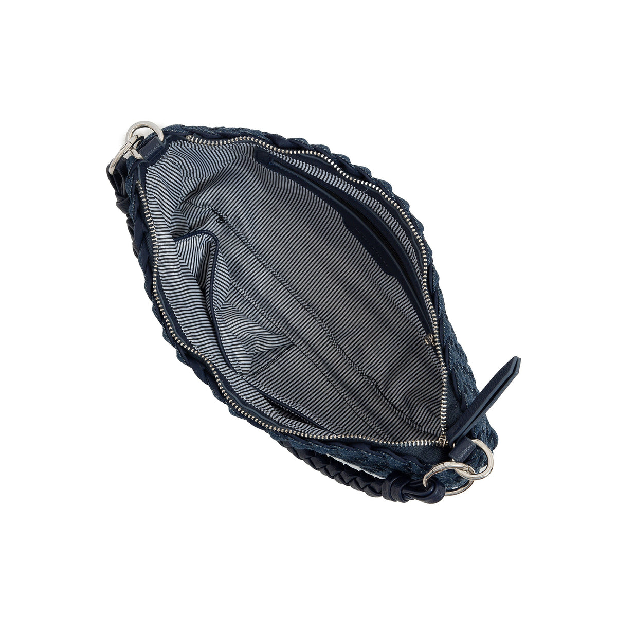 Inside the woven bag: the zip top open over a striped cotton lining.