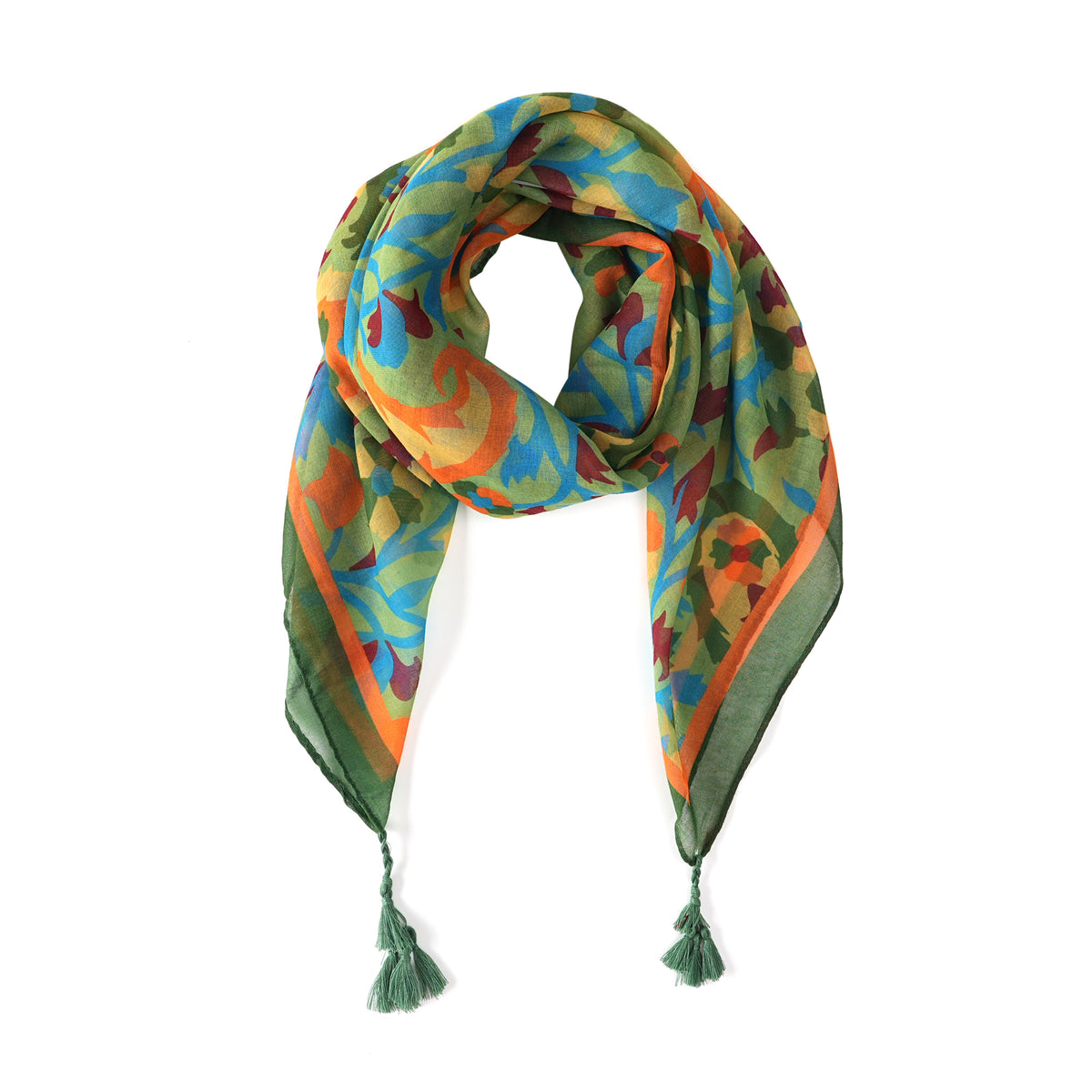 Square scarf with orange and blue paisley florals on green, draped in a loop