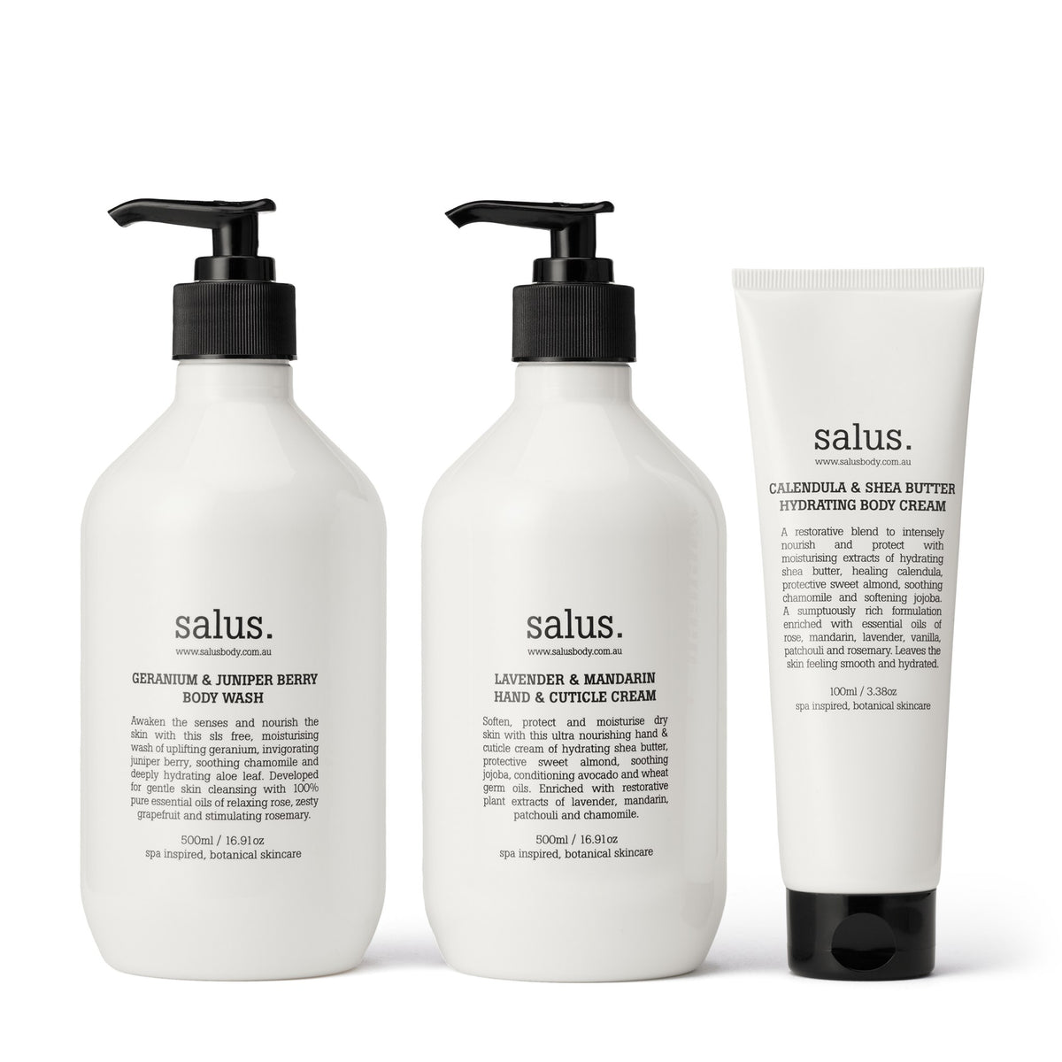 The three products inside: Geranium & Juniper Berry Body Wash and Lavender & Mandarin Hand & Cuticle Cream in 500 ml pump bottles, and a Calendula & Shea Butter Hydrating Body Cream tube.