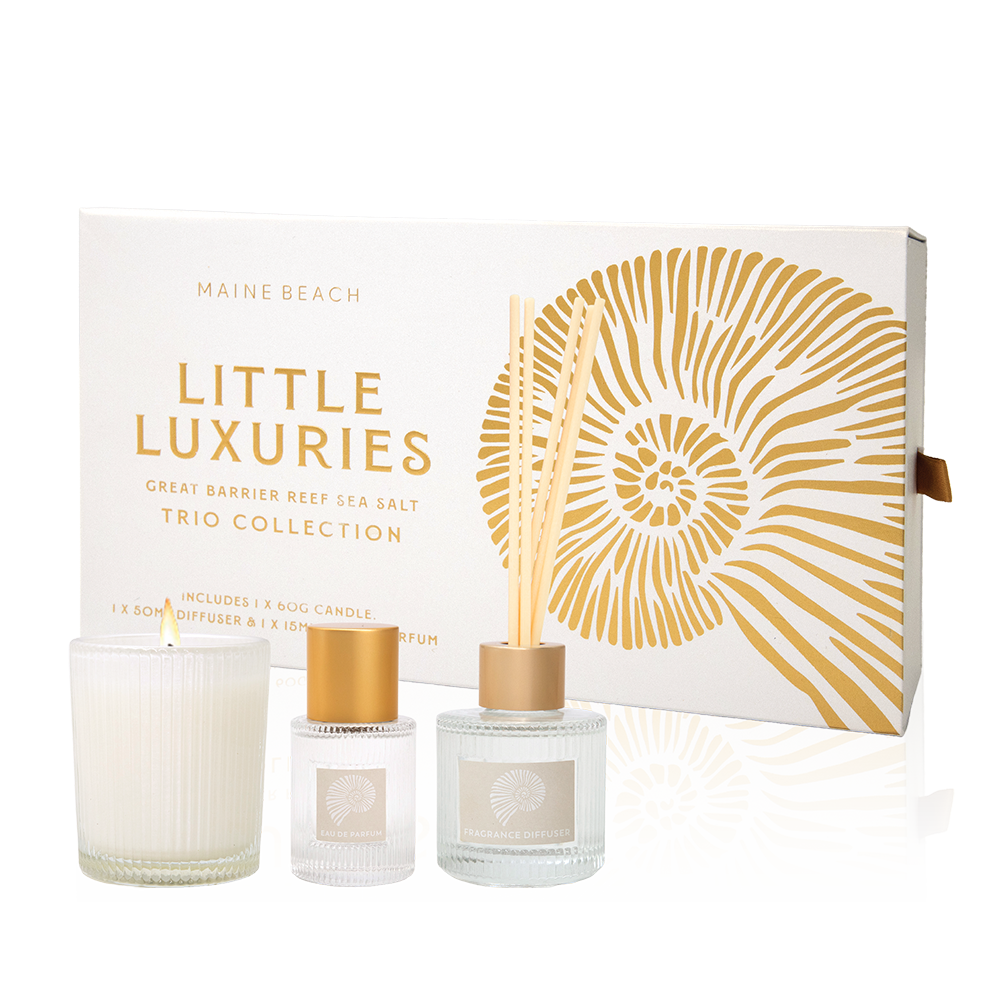 Maine Beach Little Luxuries Great Barrier Reef Sea Salt gift box in white and gold with a candle, eau de parfum and reed diffuser in front