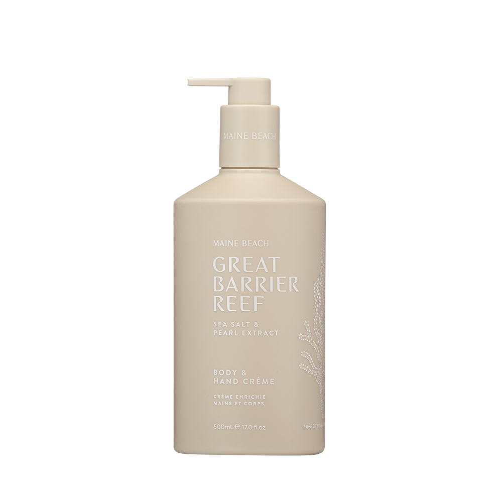 Maine Beach Great Barrier Reef Body & Hand Crème in a 500 mL sand-coloured bottle