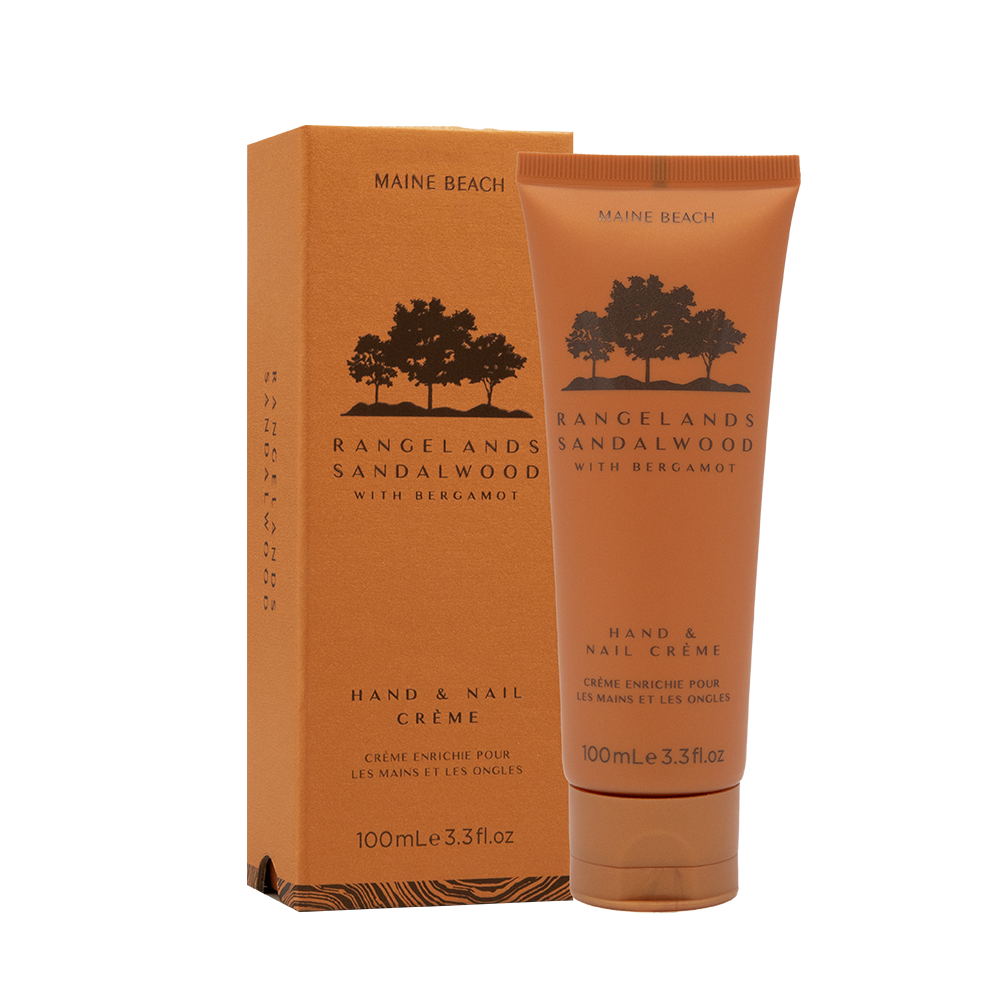 Maine Beach Rangelands Sandalwood Hand & Nail Crème 100 mL tube beside its orange box