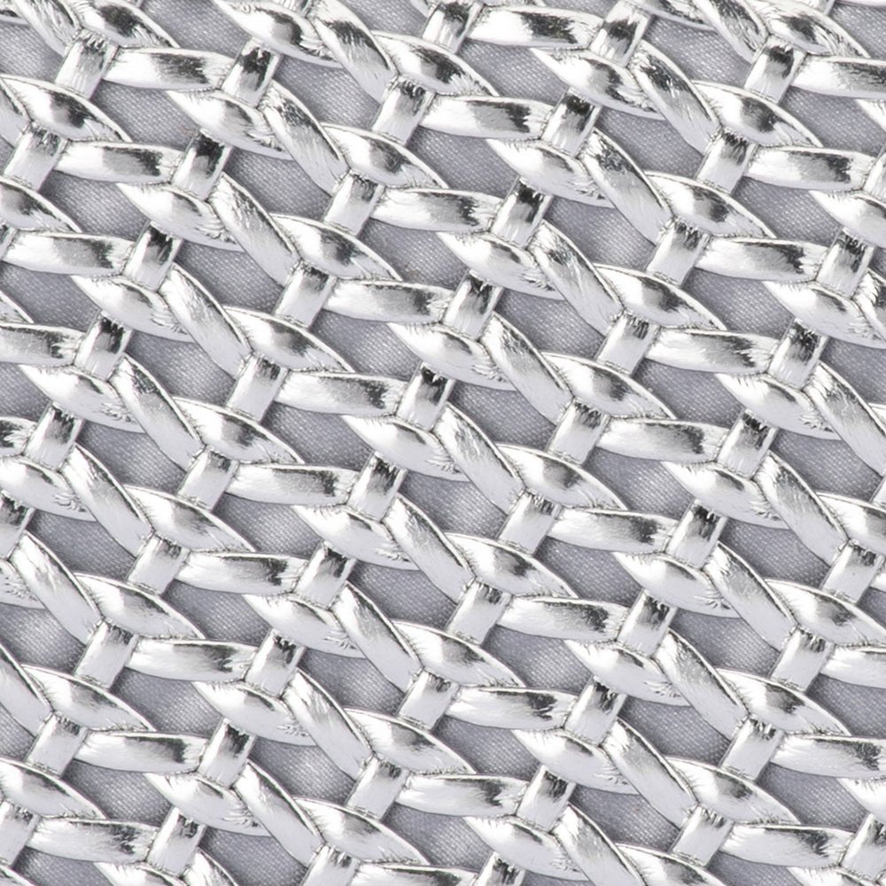 Close-up of metallic silver strips woven in an open lattice over grey