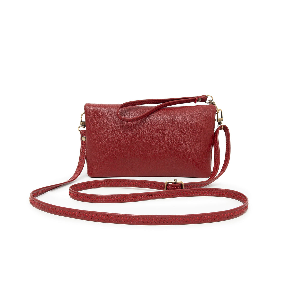 Red pebbled wallet with its wrist strap and long cross body strap attached.