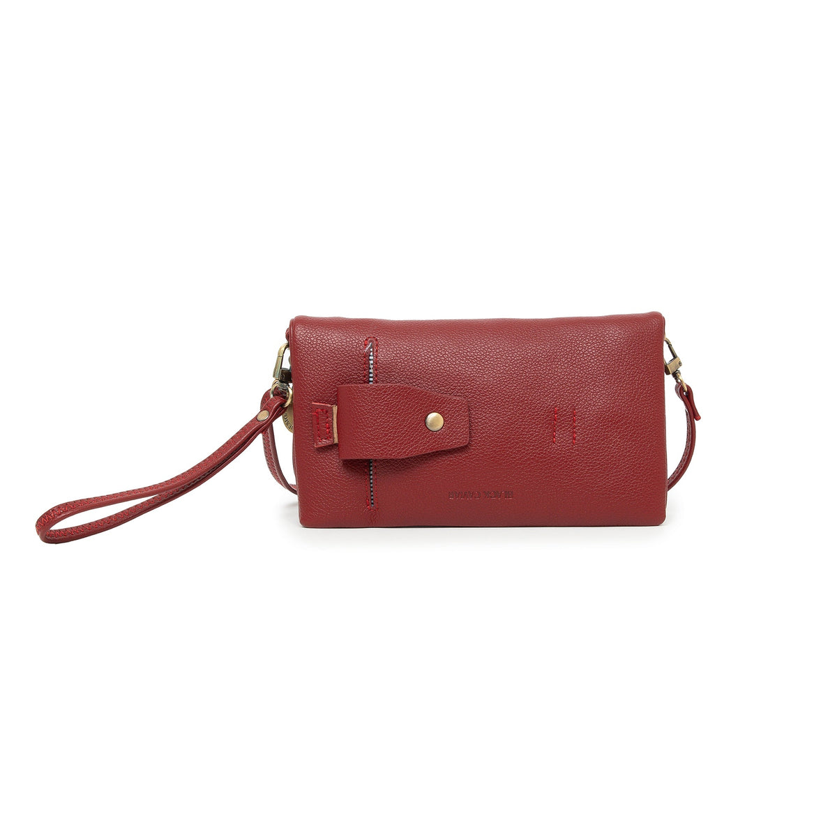 The red wallet from the front, showing the press-stud tab over its outside pocket.