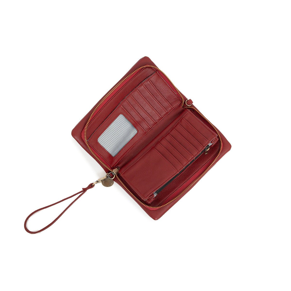 The red wallet unzipped, showing card slots, a clear window and a zipped inner pocket.