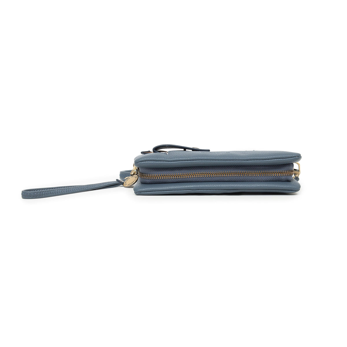 The slate blue wallet lying flat, showing the zip that runs around it.