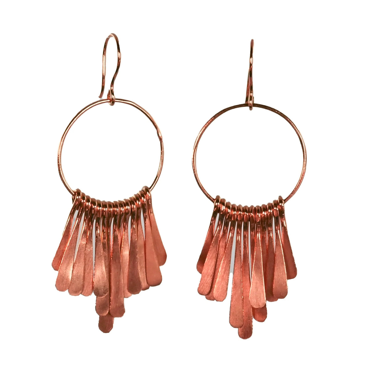 Rose gold hoop earrings with a fringe of hammered paddles in graduated lengths