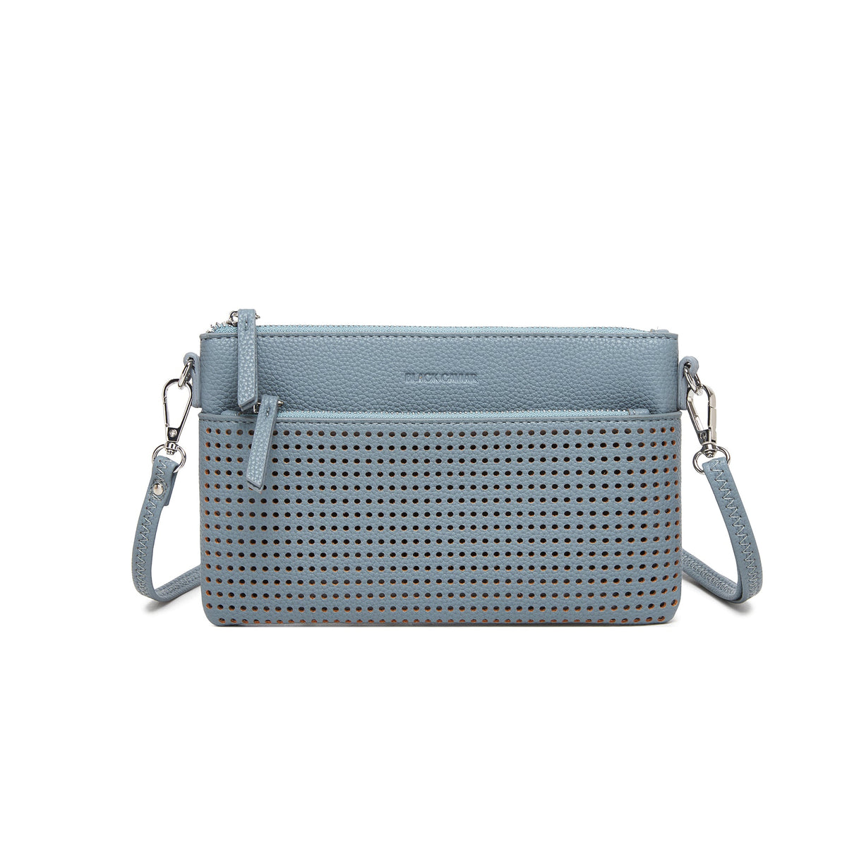 Slim dusty blue perforated clutch with a front zip pocket, its strap clipped on at both ends.