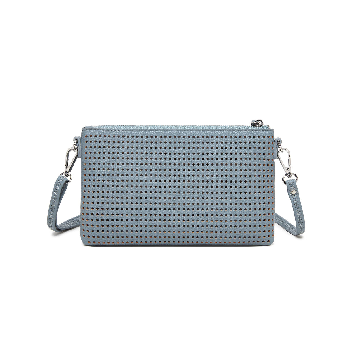 The back of the blue clutch, perforated all over.