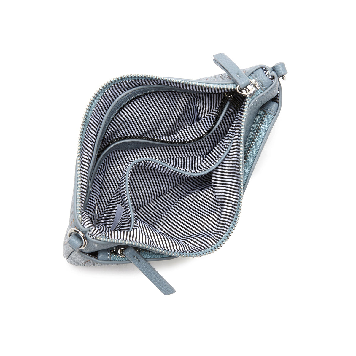 The blue clutch unzipped, showing a striped lining and a zipped inside pocket.
