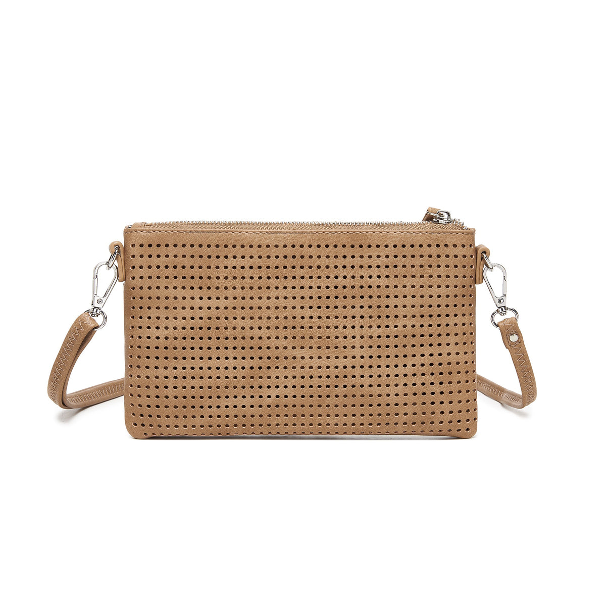 The back of the tan clutch, perforated all over.