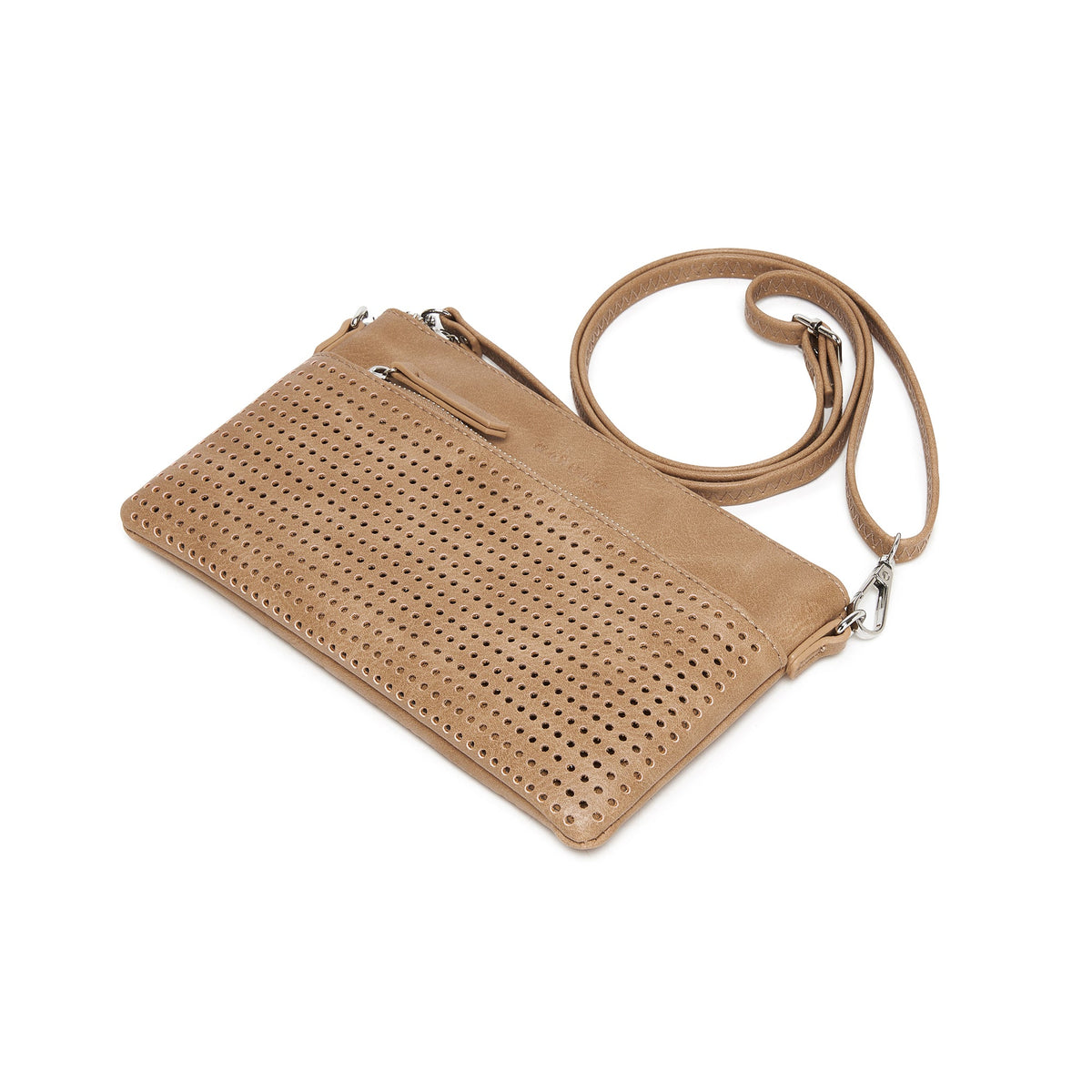 The tan clutch lying flat at an angle, with the long strap looped behind.