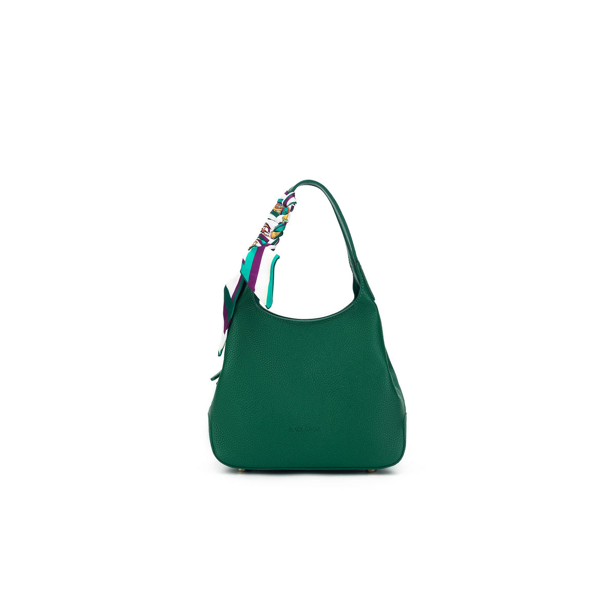 The green bag from the front, a printed scarf tied around its curved handle.