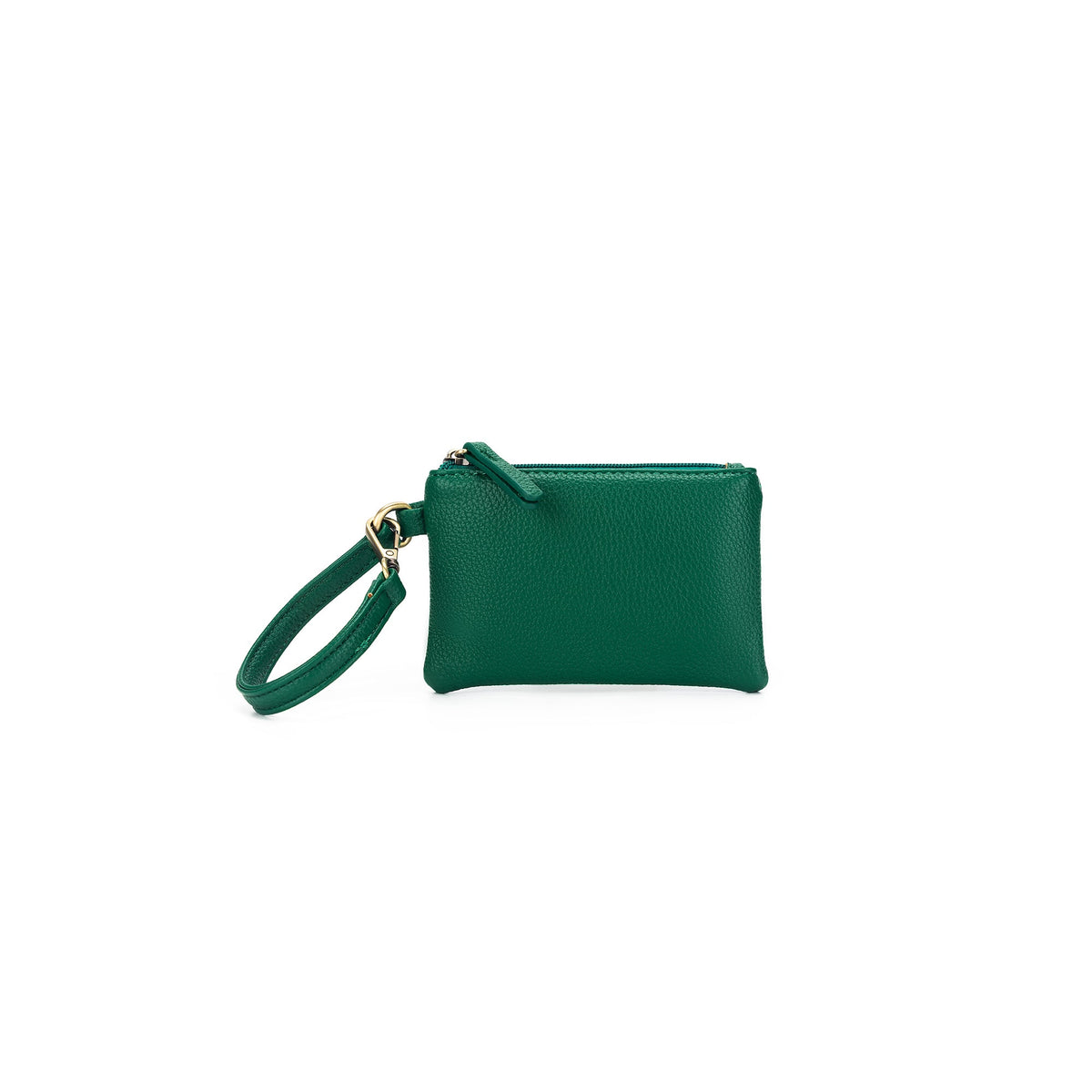 The green wristlet pouch on its own, with a zip top and a wrist loop.