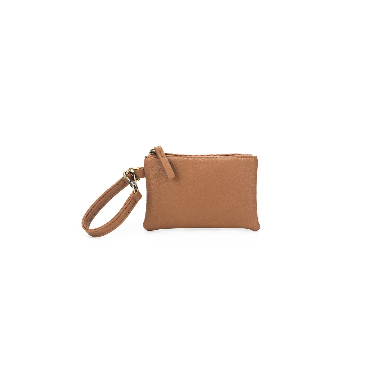 The mocha wristlet pouch on its own, with a zip top and a wrist loop.
