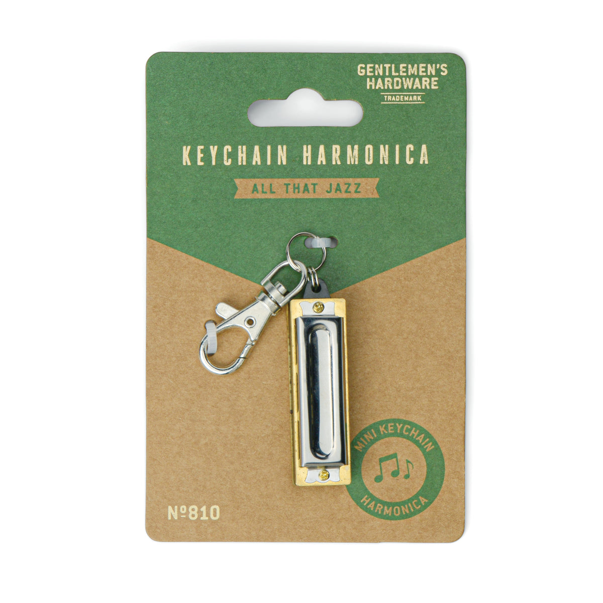 Mini harmonica on a clip-on keyring clasp, on a green and kraft Gentlemen's Hardware card reading Keychain Harmonica, All That Jazz