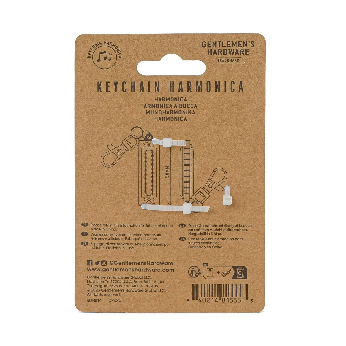 The back of the keychain harmonica's kraft card.