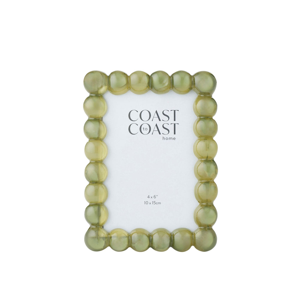 Rectangular photo frame with a border of glossy forest green lucite bubbles around a 4x6 photo opening.