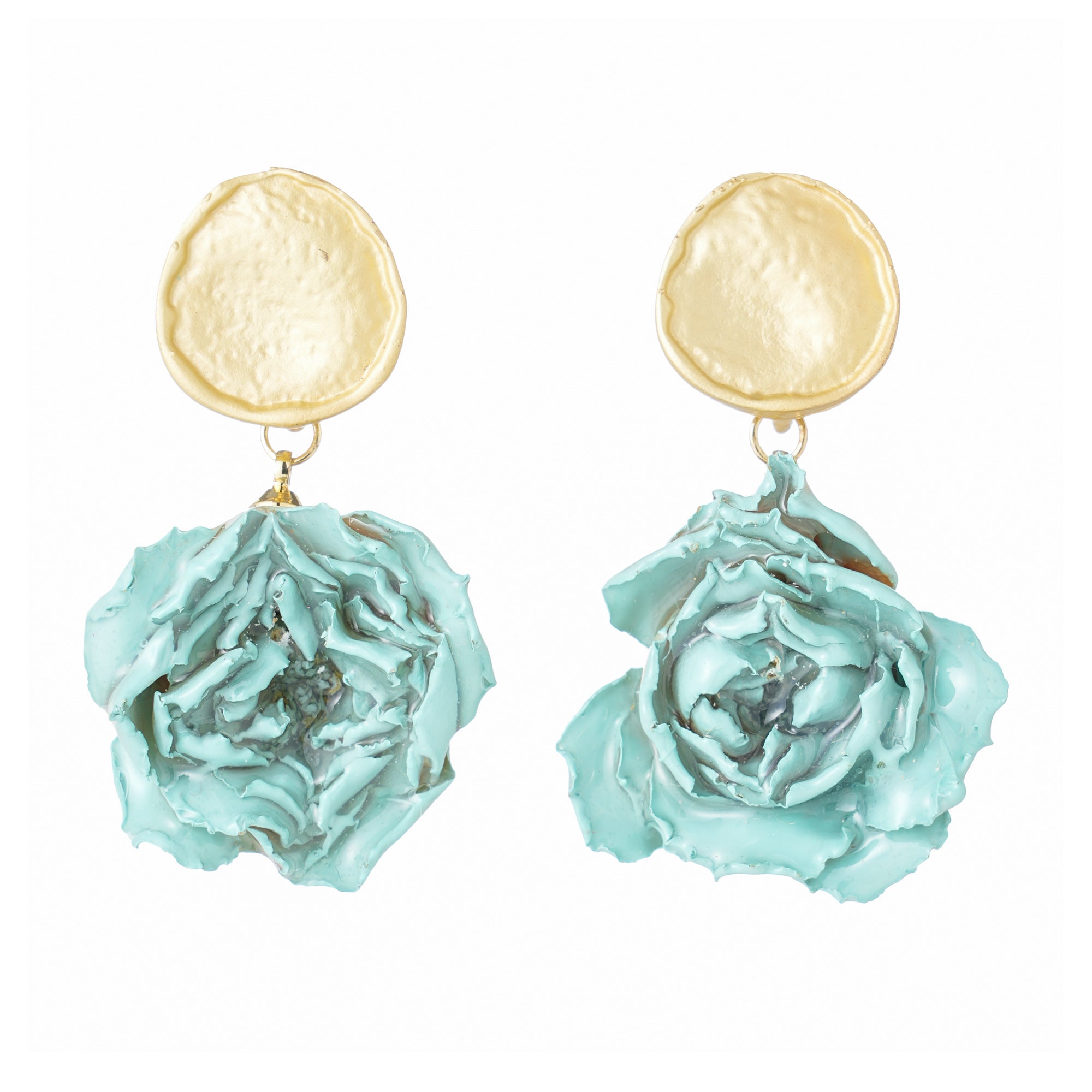 Drop earrings with a textured gold-tone disc stud and an aqua dried rose bud