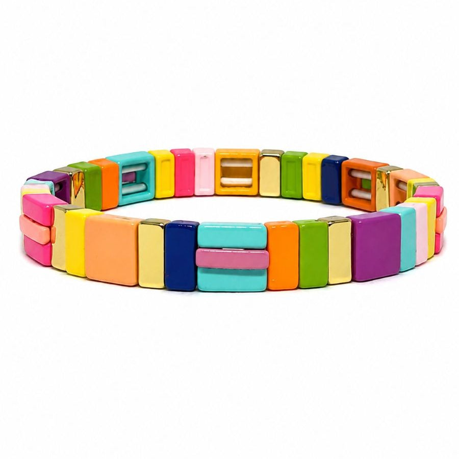 Blue Mix tile bracelet: glossy tiles in navy, aqua, purple, yellow, green, pink and orange with gold-tone tiles