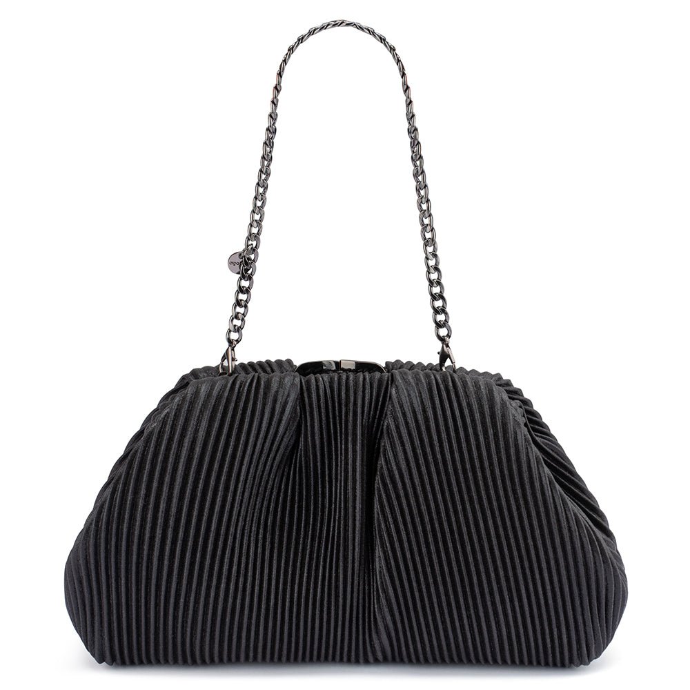 The pleated clutch carried from a short gunmetal curb chain with a round logo tag