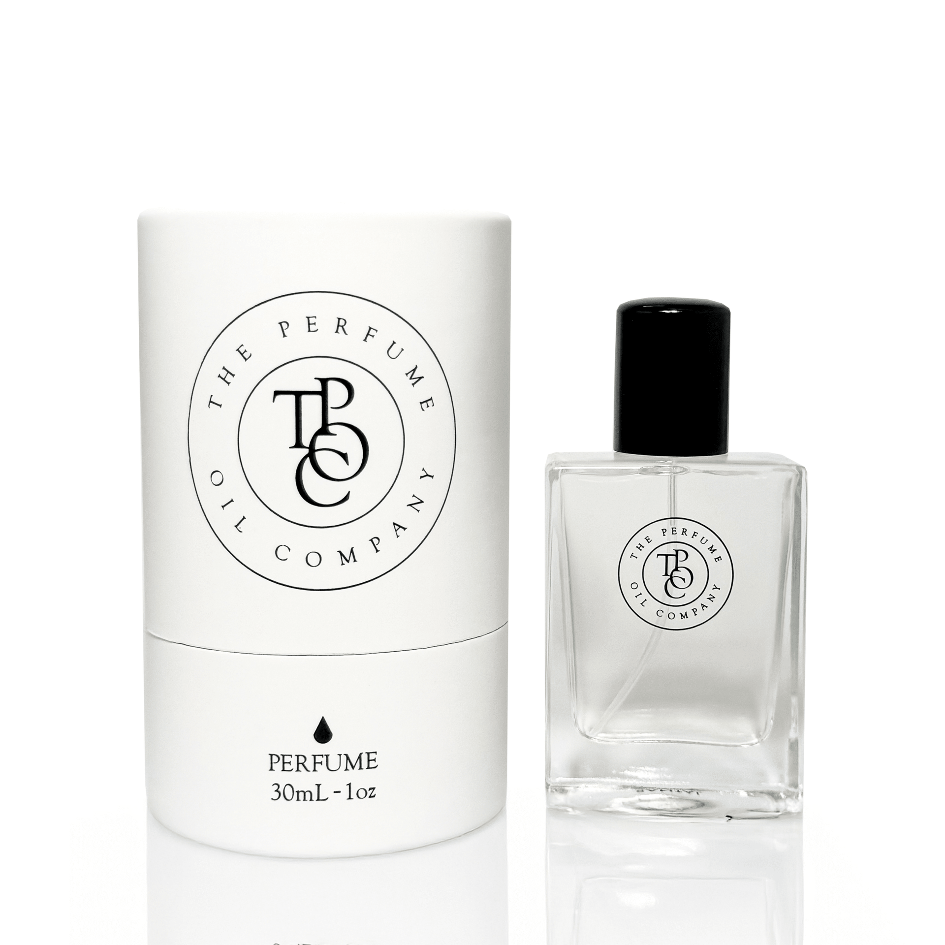 The Perfume Oil Company white cylinder marked Perfume beside a 30 ml spray bottle