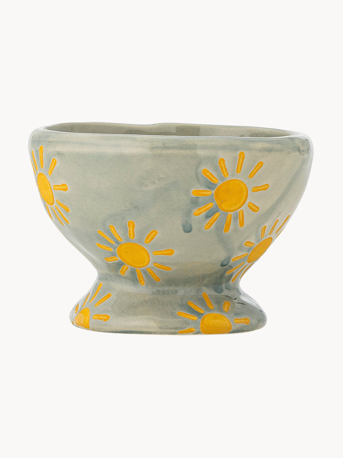 Small footed stoneware bowl in pale blue-grey, painted with yellow suns