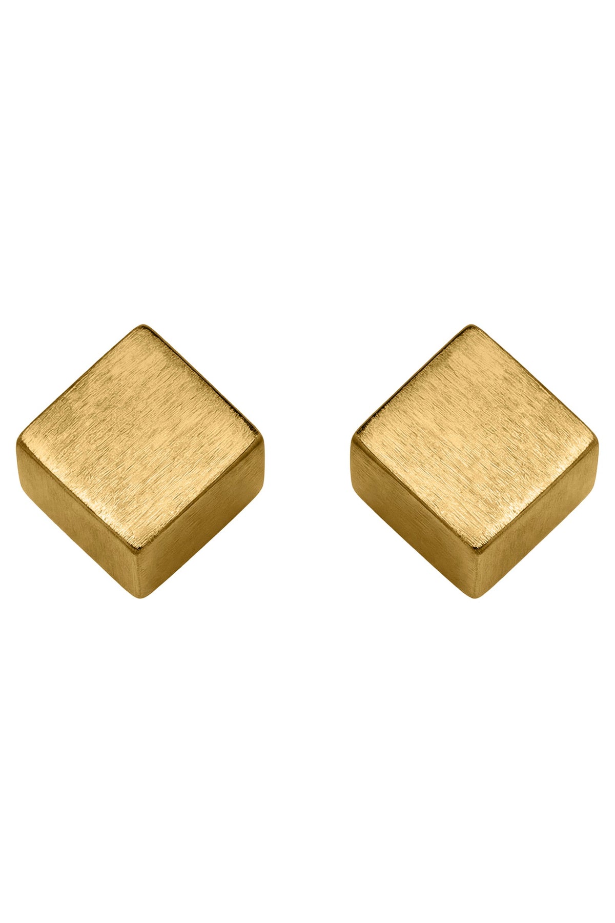 Olivera cube studs in Gold: two square satin gold-tone studs, shown turned on a corner