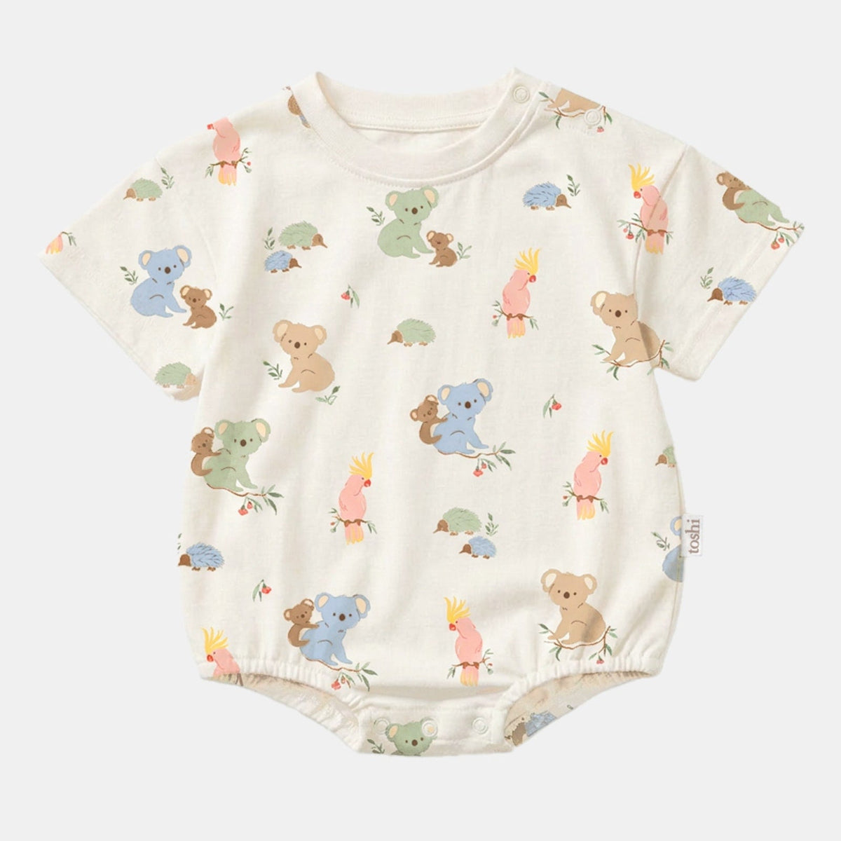 Toshi Arcadia Gumnut Babies short-sleeved bubble onesie in cream cotton printed with koalas, cockatoos and echidnas